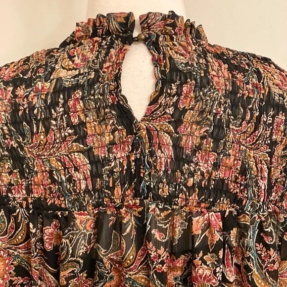 Ophelia Roe Black Red Green Floral Smocked Balloon Sleeve Ruffled Hem Top SZ 3X - Picture 10 of 15